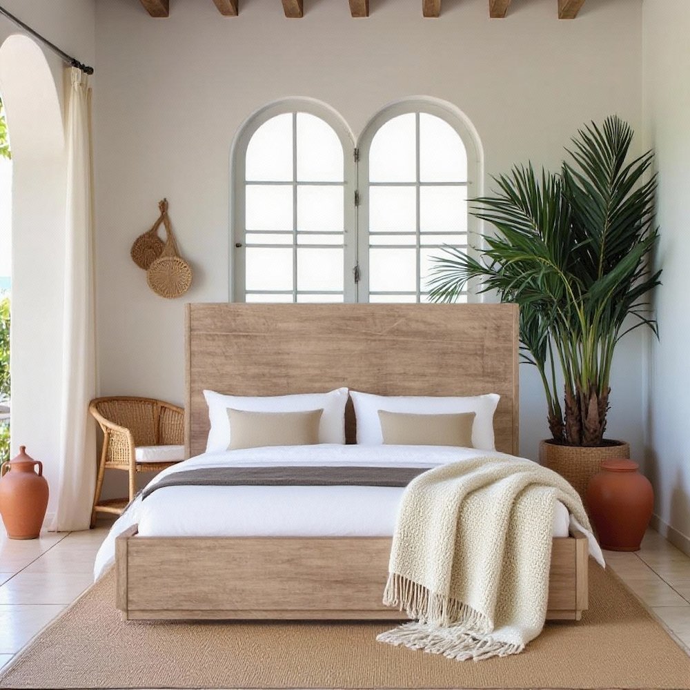 California King Natural Oak Wood Bed Frame, Boho Bed Frame With Headboard