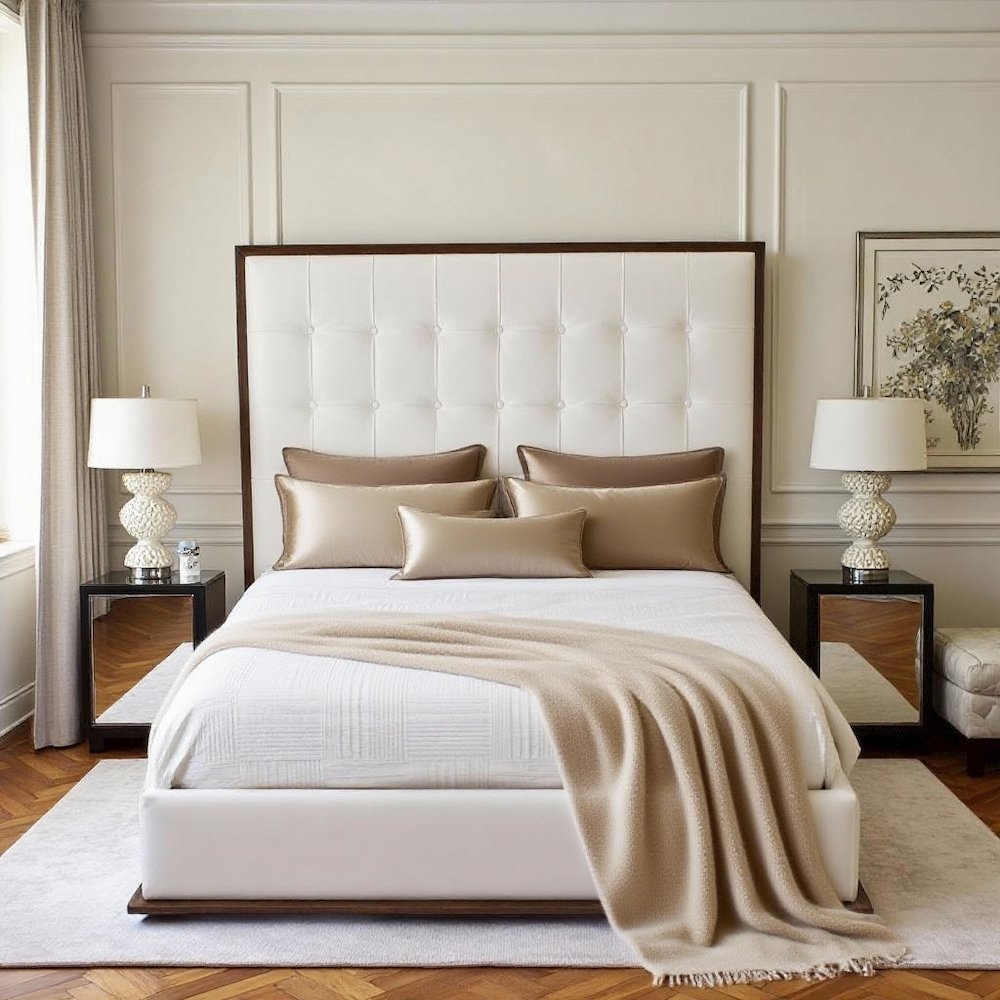 White Faux Leather King Bed Frame, Low Profile Bed Frame With Walnut Finish