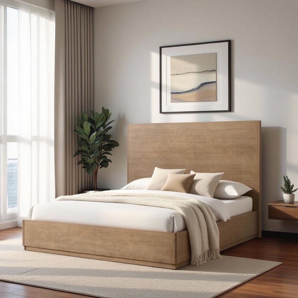 California King Natural Oak Wood Bed Frame, Boho Bed Frame With Headboard
