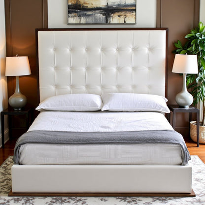 California King Bed Frame, White Faux Leather Low Profile Bed With Walnut