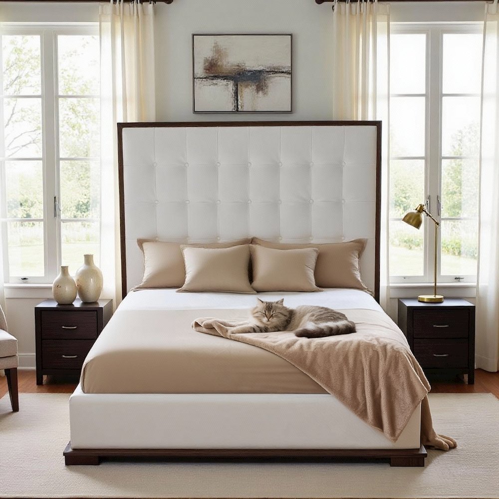 California King Bed Frame, White Faux Leather Low Profile Bed With Walnut