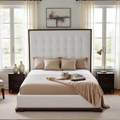 California King Bed Frame, White Faux Leather Low Profile Bed With Walnut