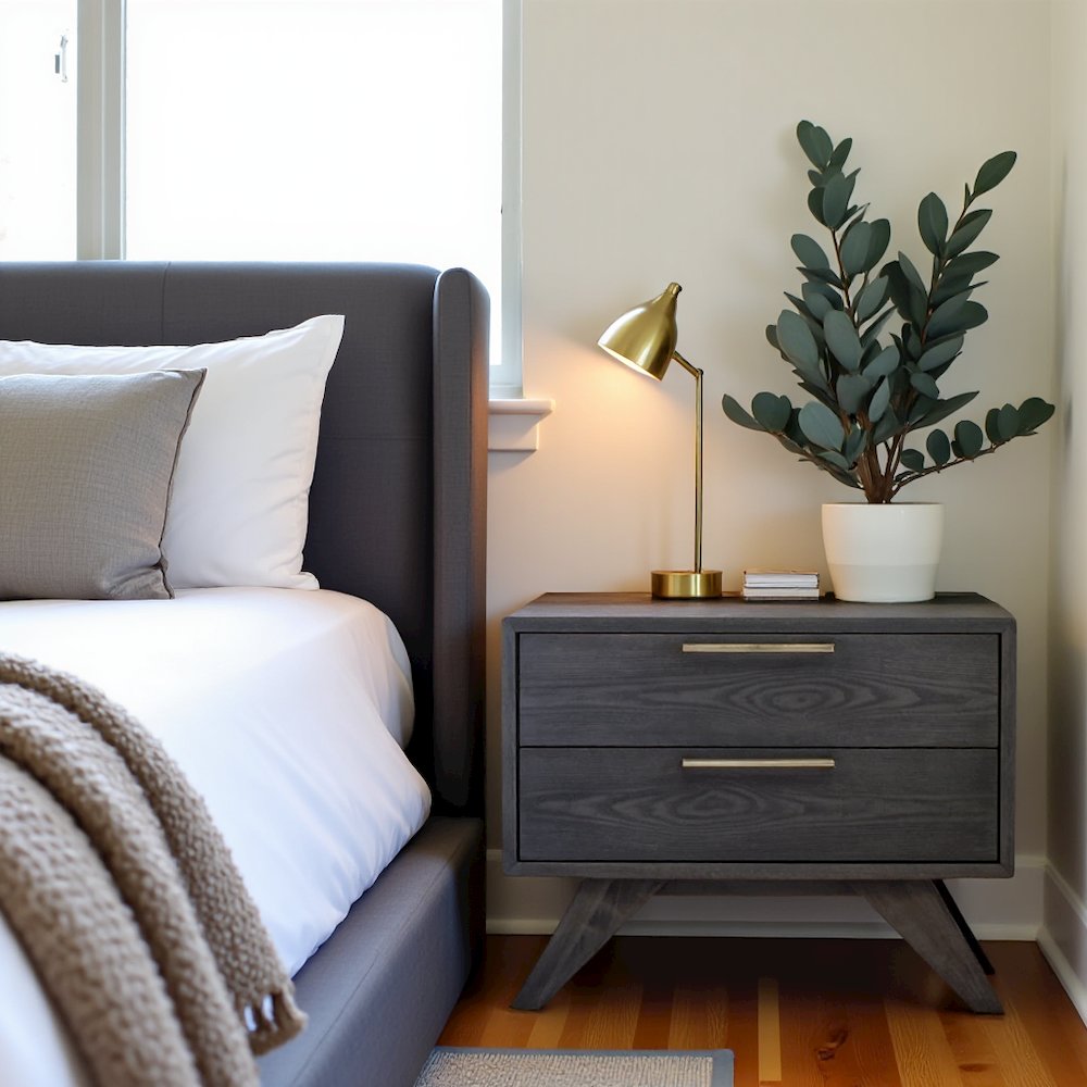 Gray Wash Modern Nightstand With 2 Drawers, Bedside Table With Storage Space