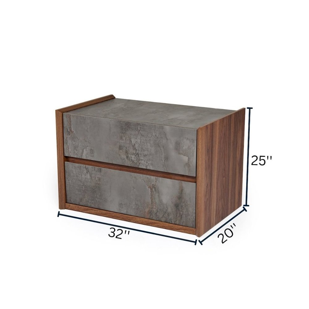 Gray Nightstand With 2 Drawers, Modern Walnut Veneer Bedroom Side Table