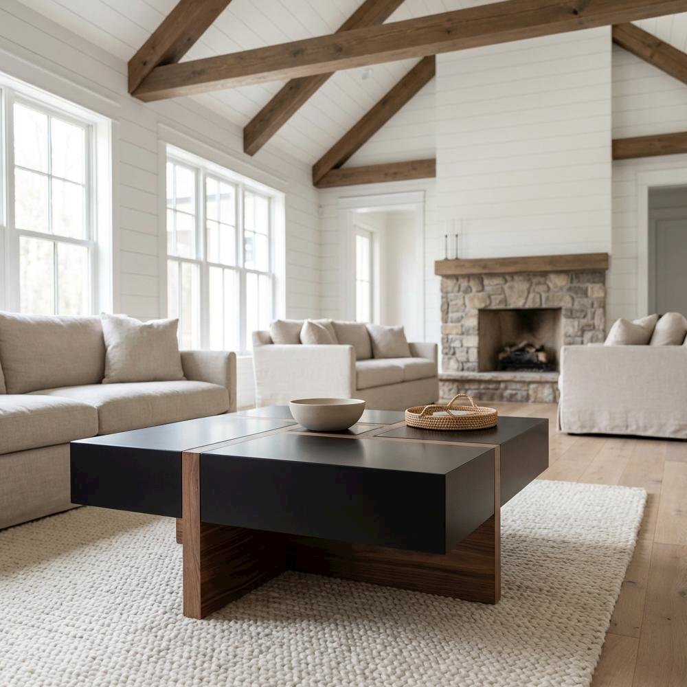 Black Coffee Table with Walnut Veneer Top and MDF Base Modern Design