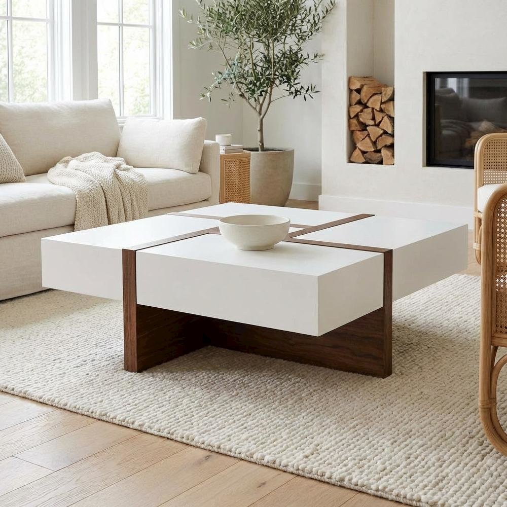 White Square Coffee Table with Walnut Veneer and MDF Construction, Single Piece