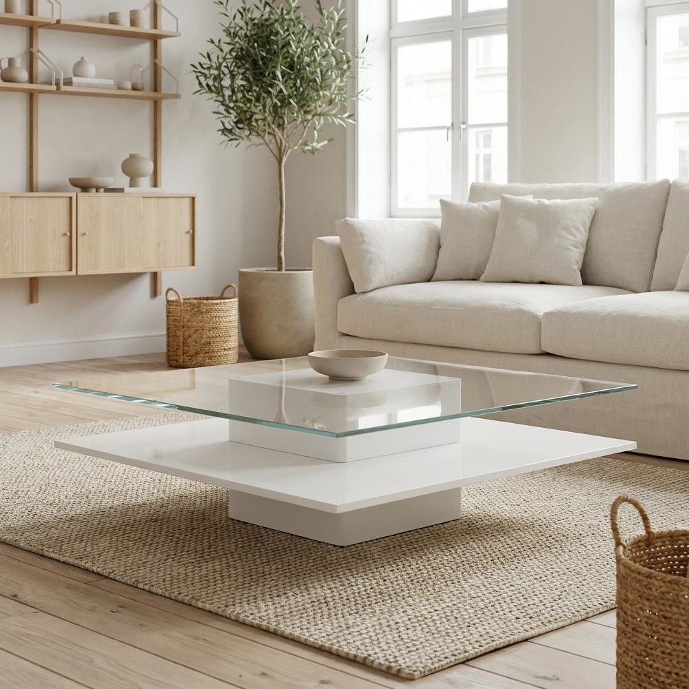 White Glass Coffee Table with MDF Base and Modern Design for Living Room