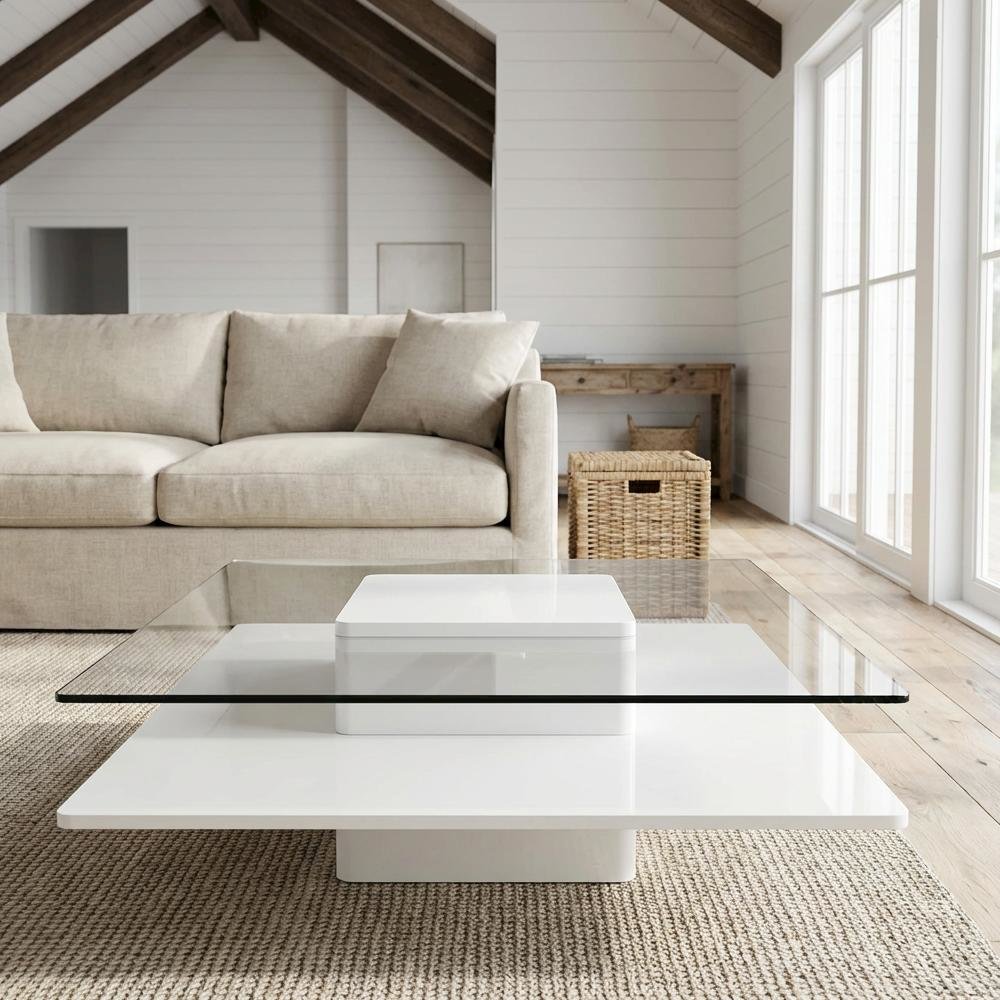 White Glass Coffee Table with MDF Base and Modern Design for Living Room