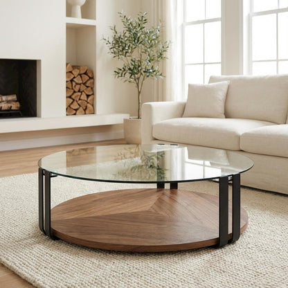 Gray Coffee Table with Glass Top and Metal Frame, Modern Veneer Design