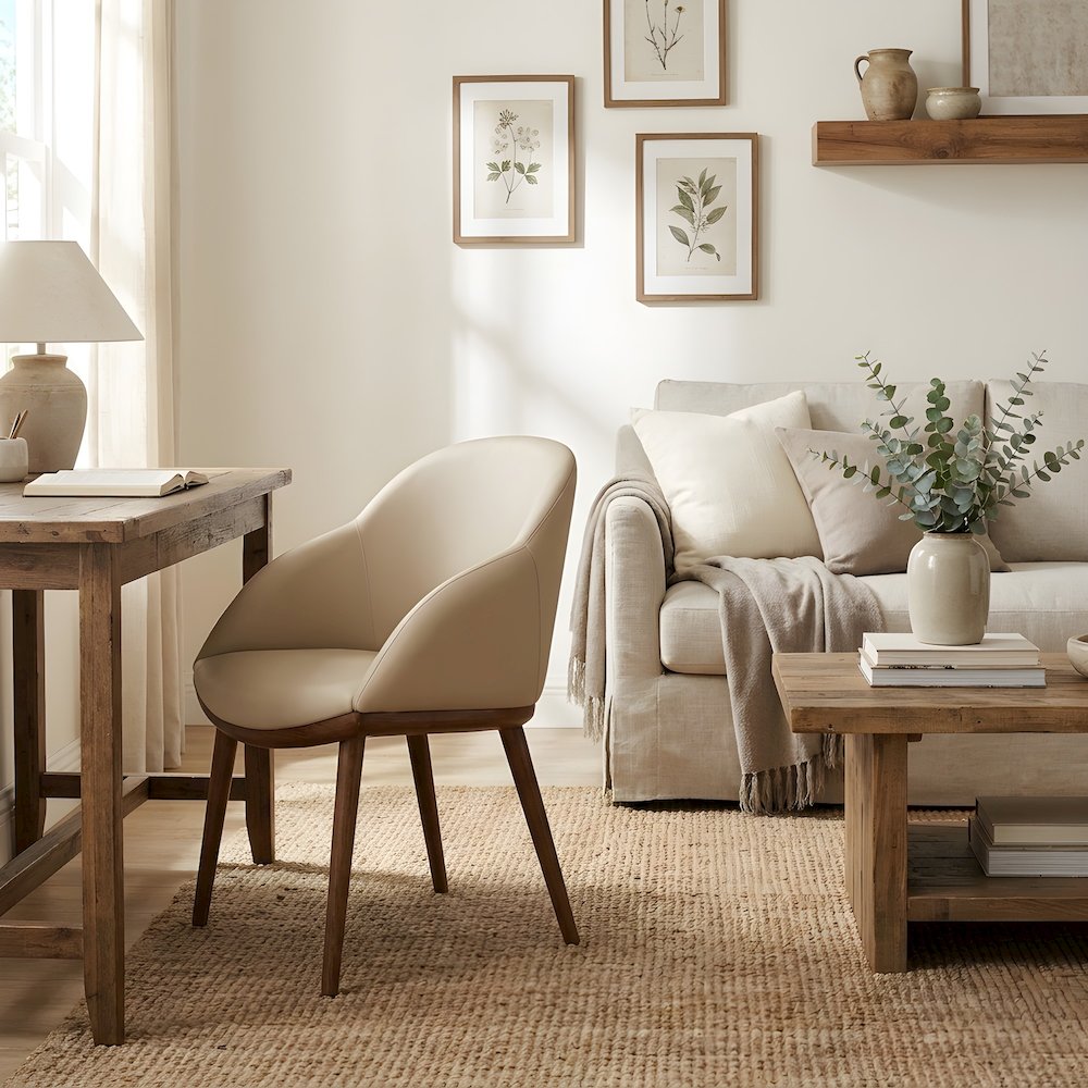 Vegan Leather-Upholstered Mid-Century Modern Dining Chair with Walnut Legs