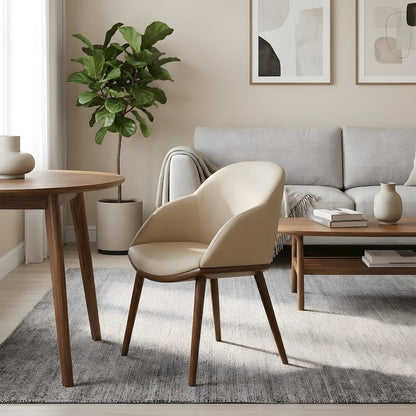 Vegan Leather-Upholstered Mid-Century Modern Dining Chair with Walnut Legs