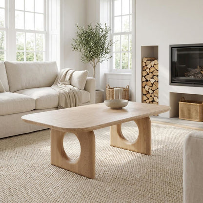 Beige Faux Marble Coffee Table with Solid Wood Base and Modern Design