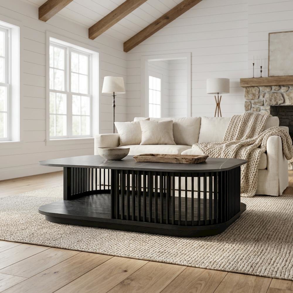 Black Ceramic and Wood Square Coffee Table with Solid Top and Sturdy Frame