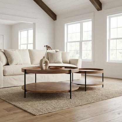 Veneer Round Coffee Table with Manufactured Wood and Metal Frame, Large