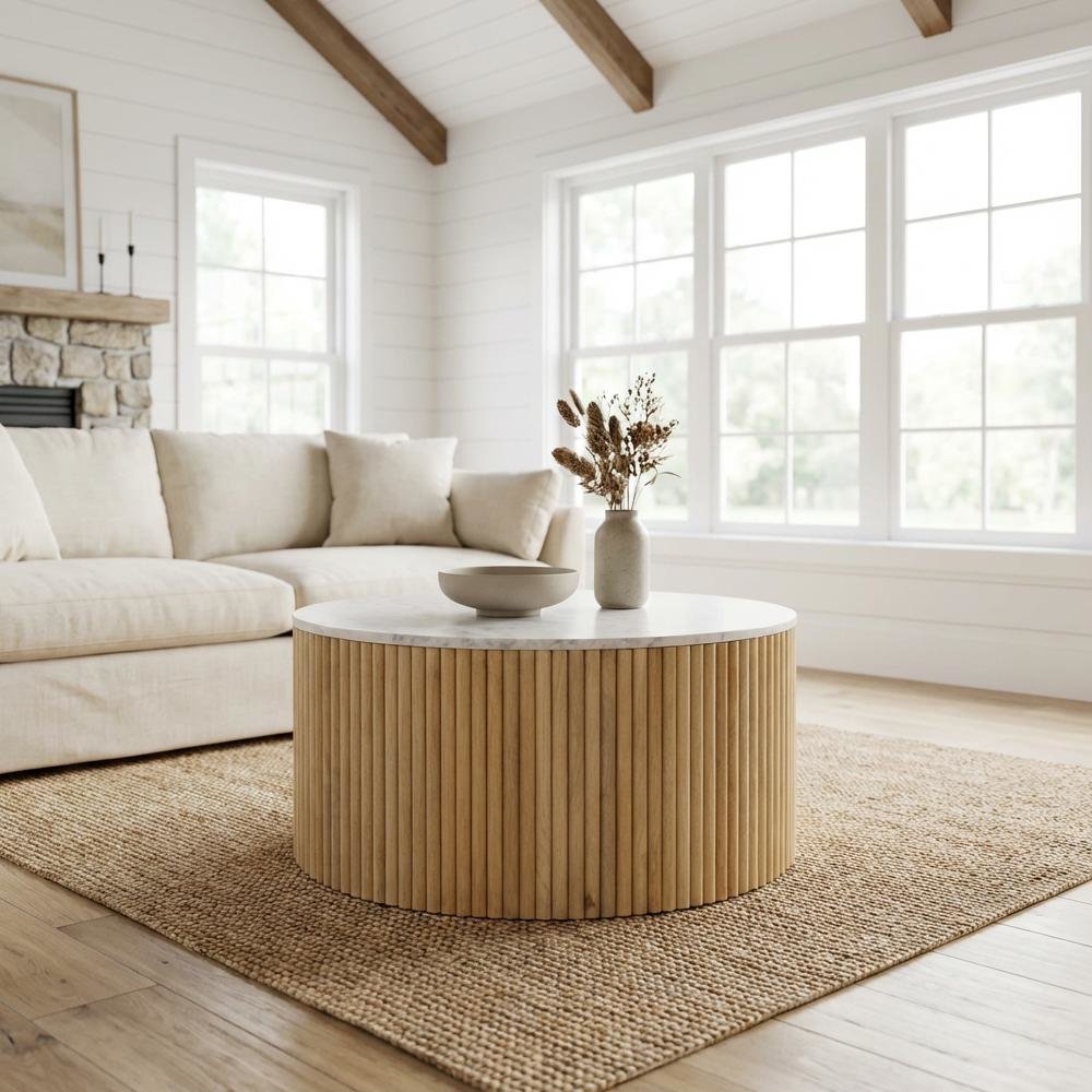 White Marble and Mango Wood Round Coffee Table with Sturdy Base
