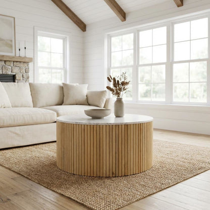 White Marble and Mango Wood Round Coffee Table with Sturdy Base