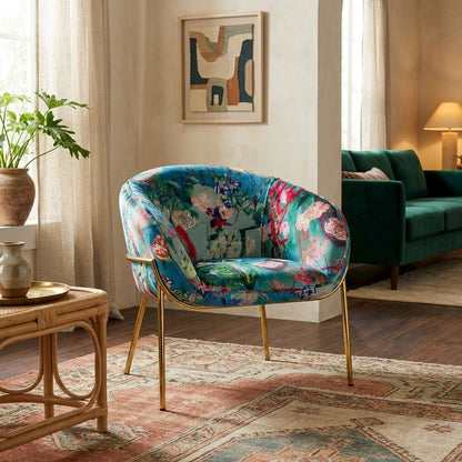 Velvet and Gold Accent Chair with Contemporary Floral Design for Lounge Area
