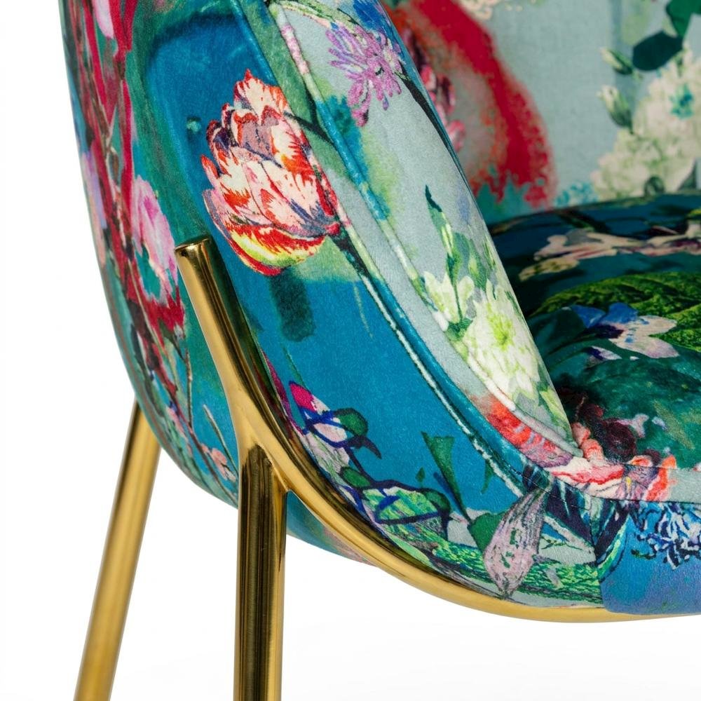 Velvet and Gold Accent Chair with Contemporary Floral Design for Lounge Area