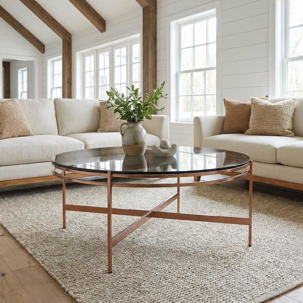 Glass Coffee Table Gold Frame with Stainless Steel Base and Modern Design