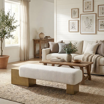 Fabric-Upholstered Entryway Bench with Antique Brass Legs for Entryway