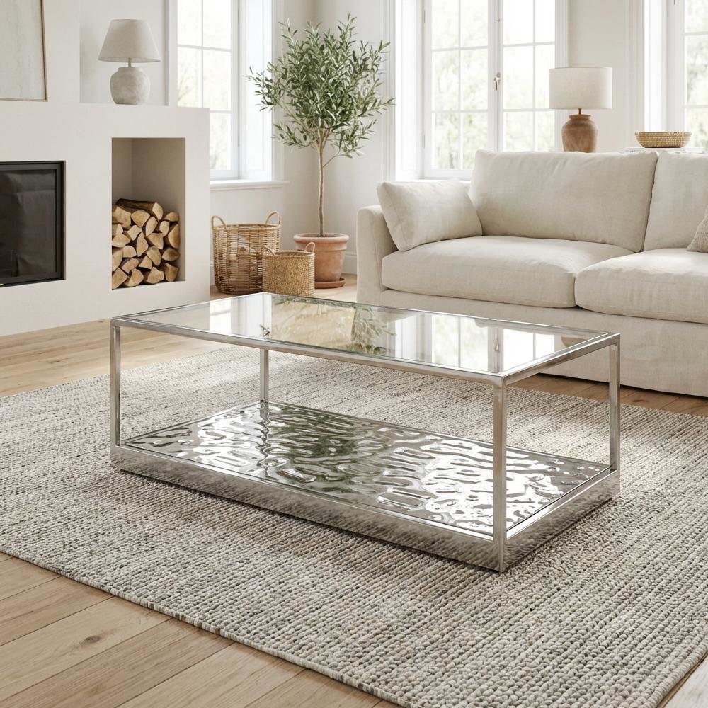 Silver Glass Coffee Table with Stainless Steel Frame and Sleek Wave Design
