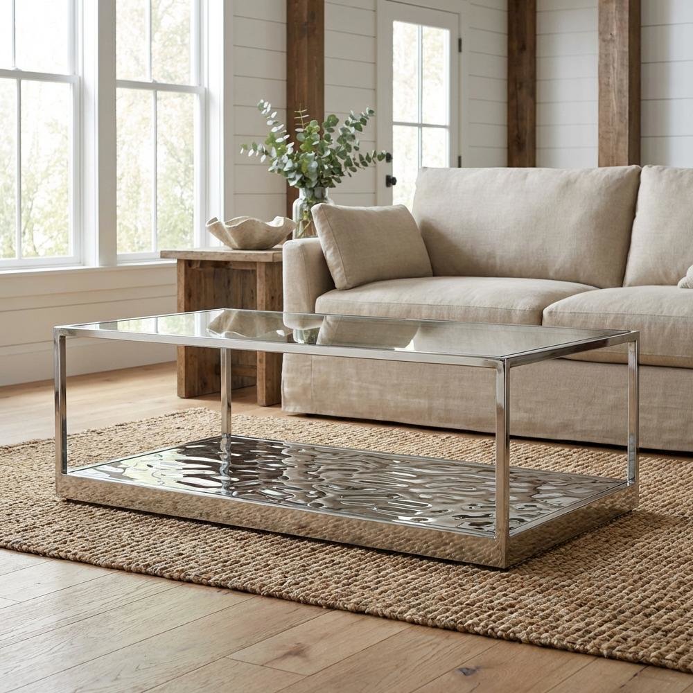 Silver Glass Coffee Table with Stainless Steel Frame and Sleek Wave Design