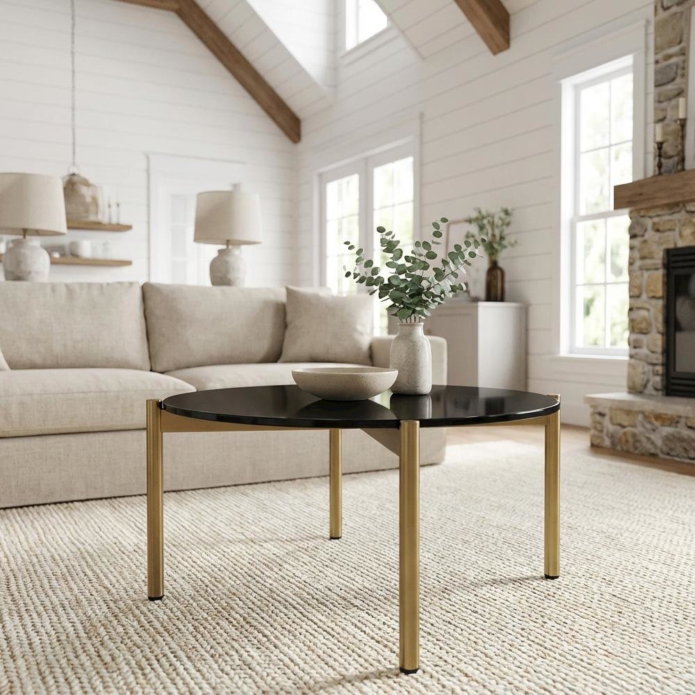 Black Marble Coffee Table with Gold Metal Frame and Elegant Design
