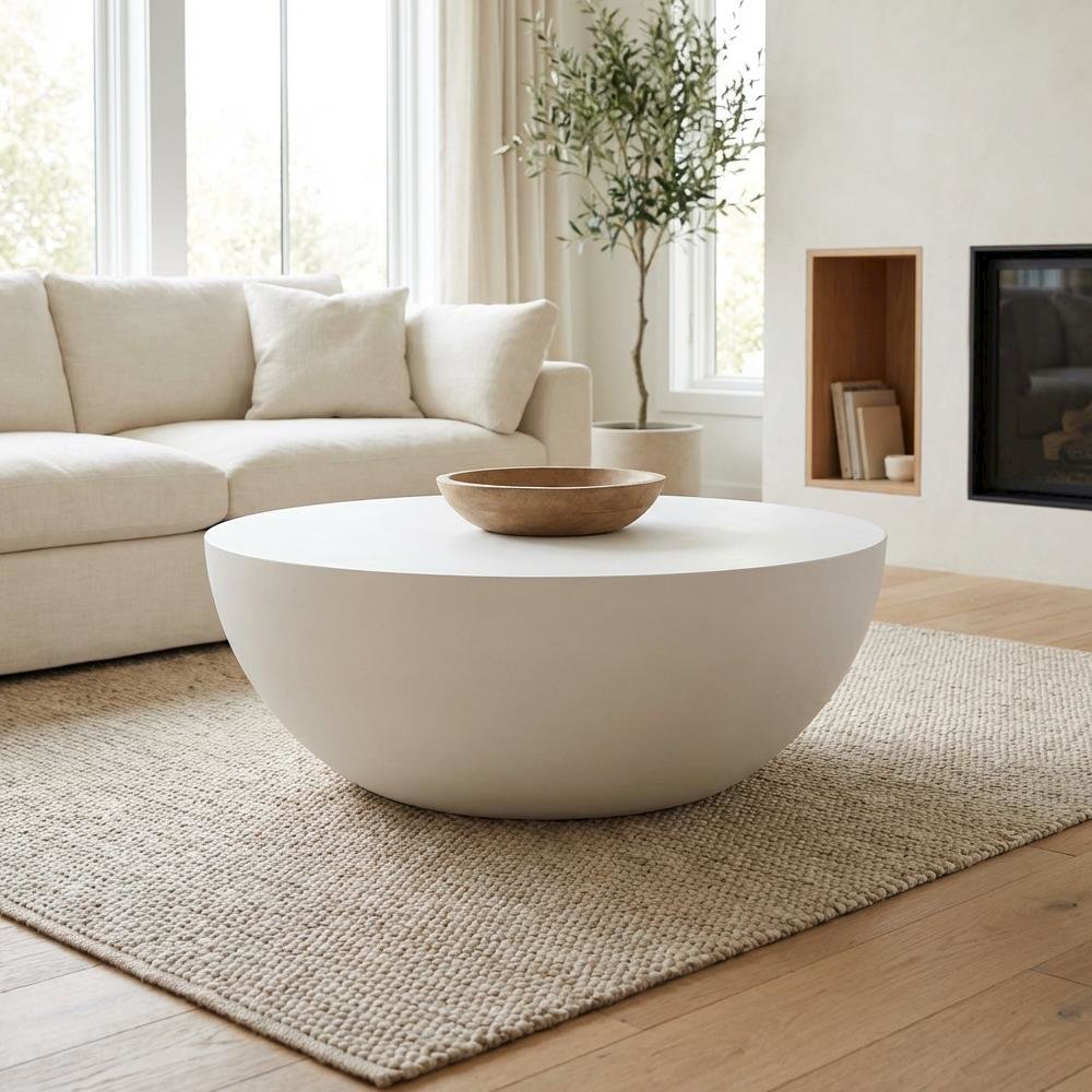 White Concrete Round Coffee Table with Modern Design and Solid Construction