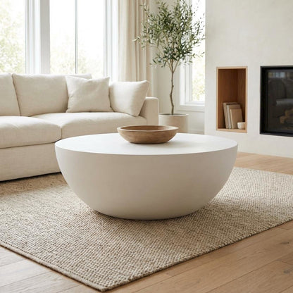 White Concrete Round Coffee Table with Modern Design and Solid Construction