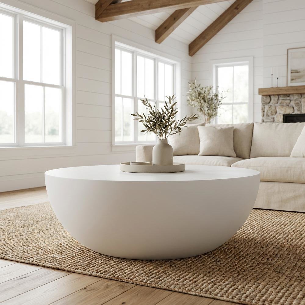 White Concrete Round Coffee Table with Modern Design and Solid Construction