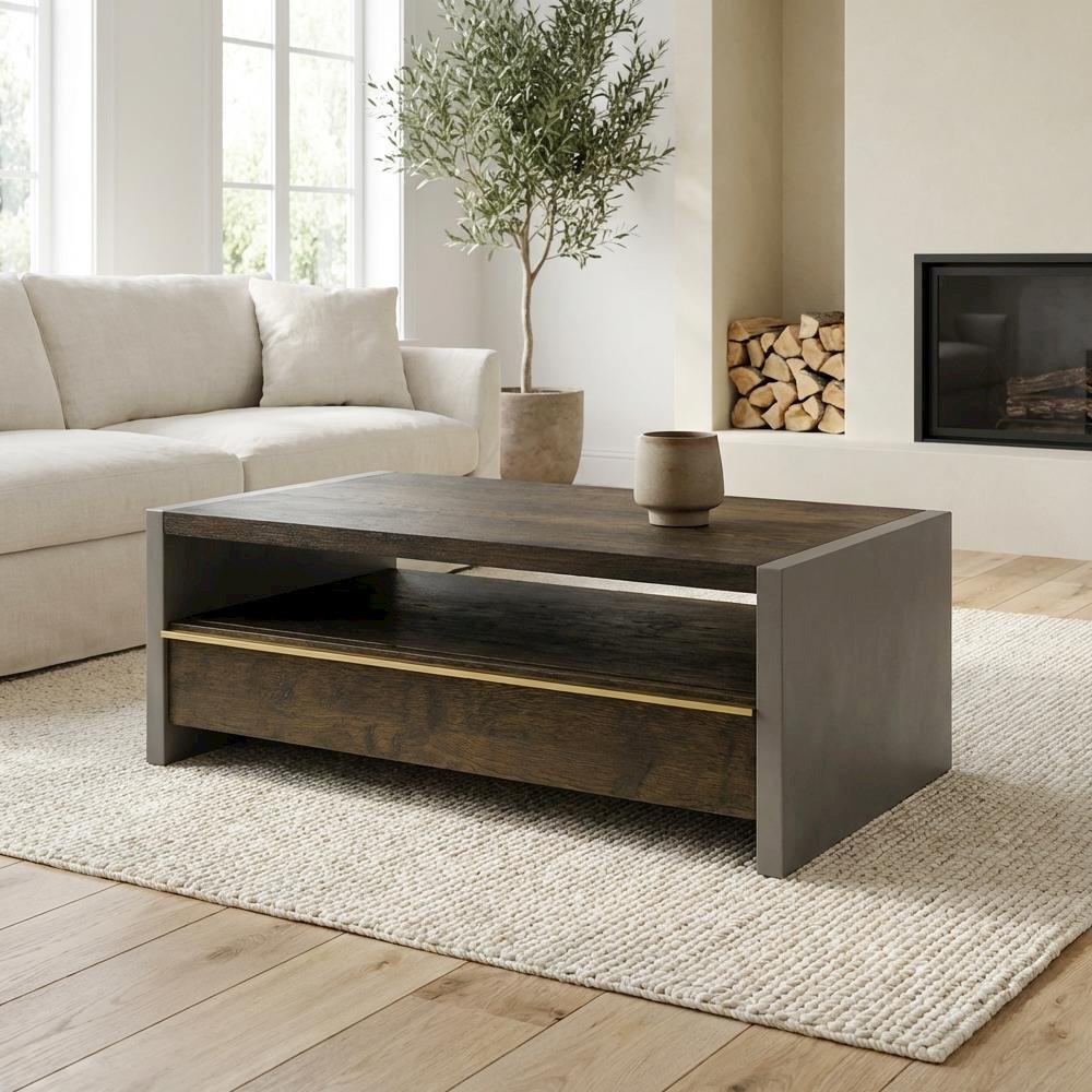 Brown Solid Wood and Concrete Coffee Table with Walnut Finish and Modern Design