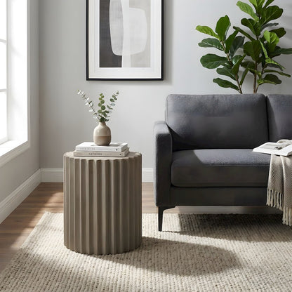 Concrete Round End Table with Ribbed Cylindrical Block Base for Living Room
