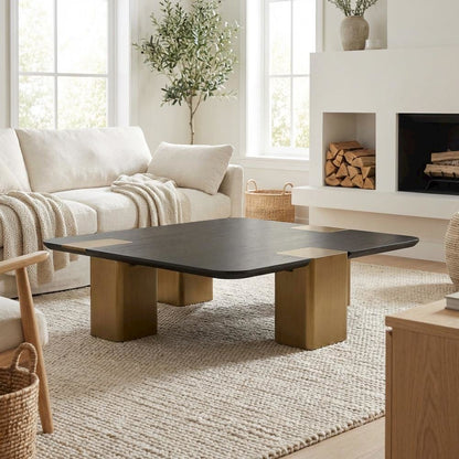 Black Veneer Square Coffee Table with Brushed Gold Accents and Manufactured Wood