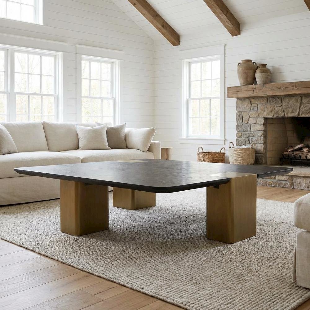 Black Veneer Square Coffee Table with Brushed Gold Accents and Manufactured Wood