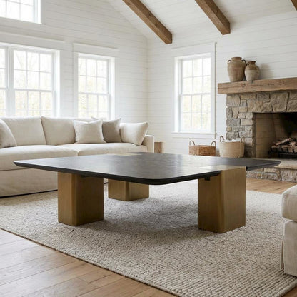 Black Veneer Square Coffee Table with Brushed Gold Accents and Manufactured Wood