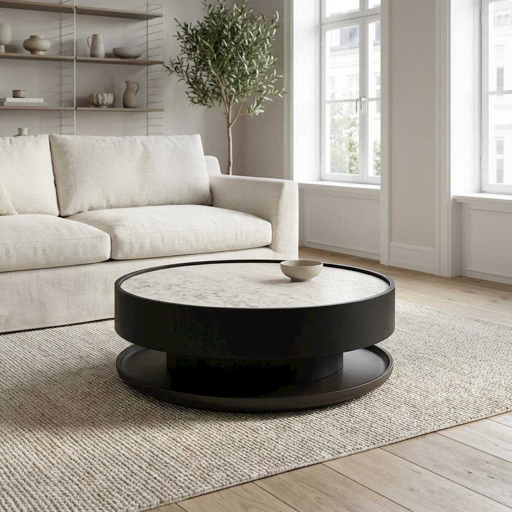 Black Ceramic Top Coffee Table with Manufactured Wood Base and Round Design