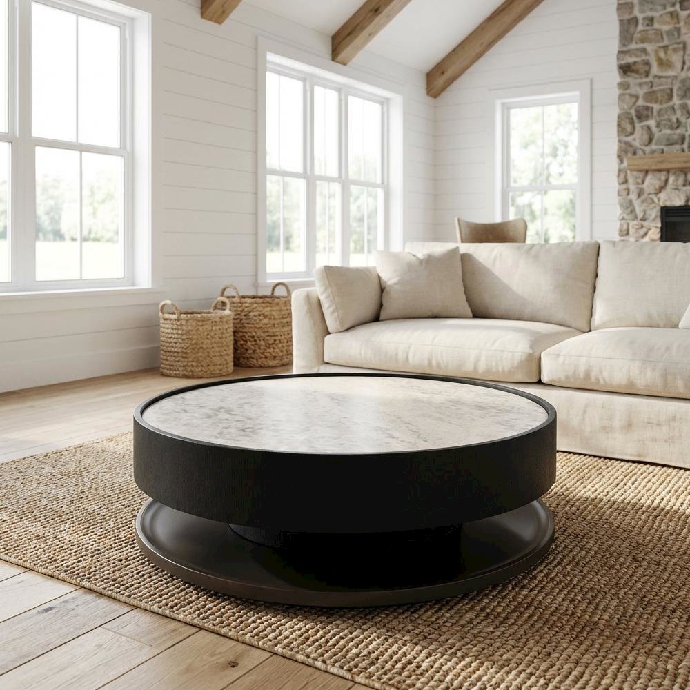 Black Ceramic Top Coffee Table with Manufactured Wood Base and Round Design
