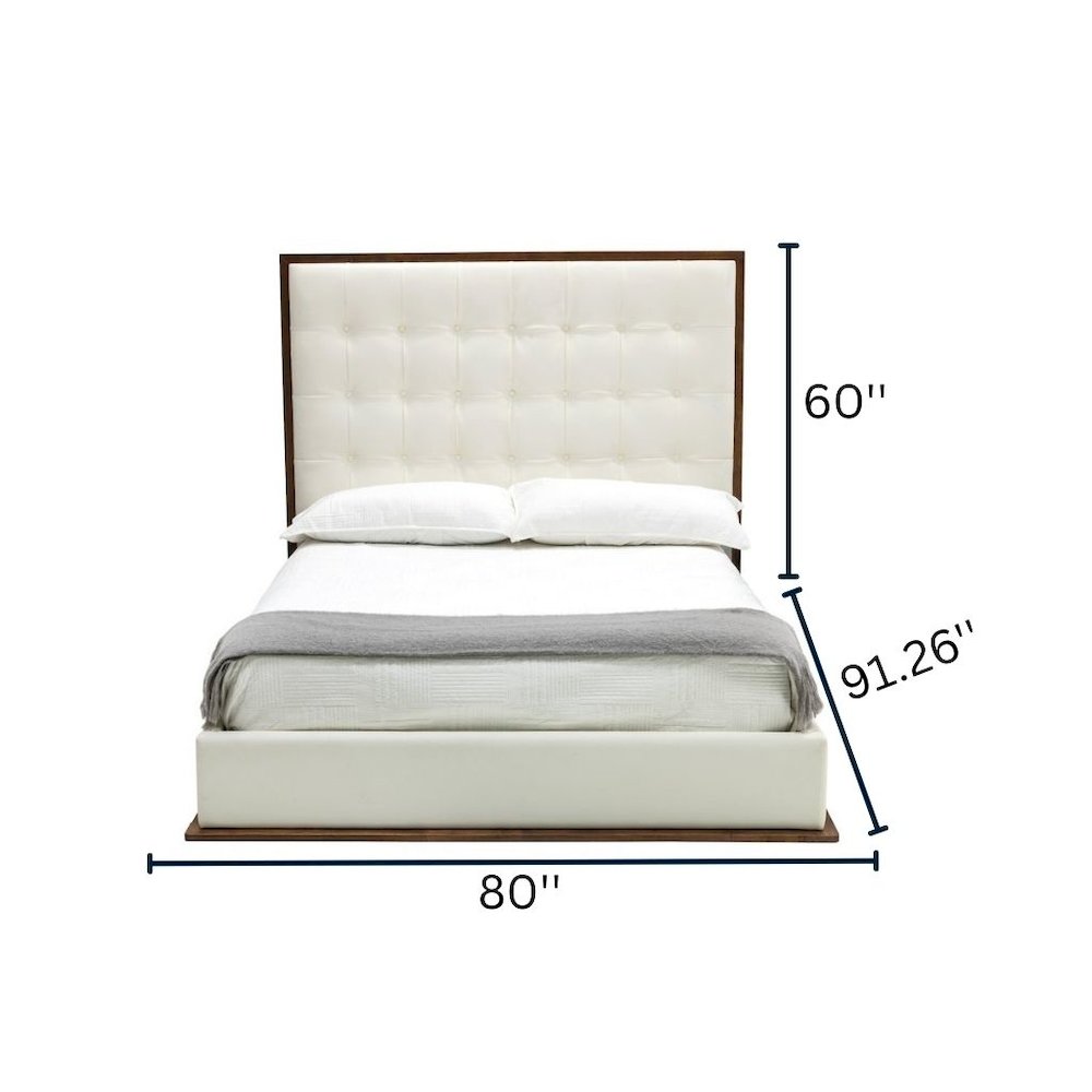 California King Bed Frame, White Faux Leather Low Profile Bed With Walnut