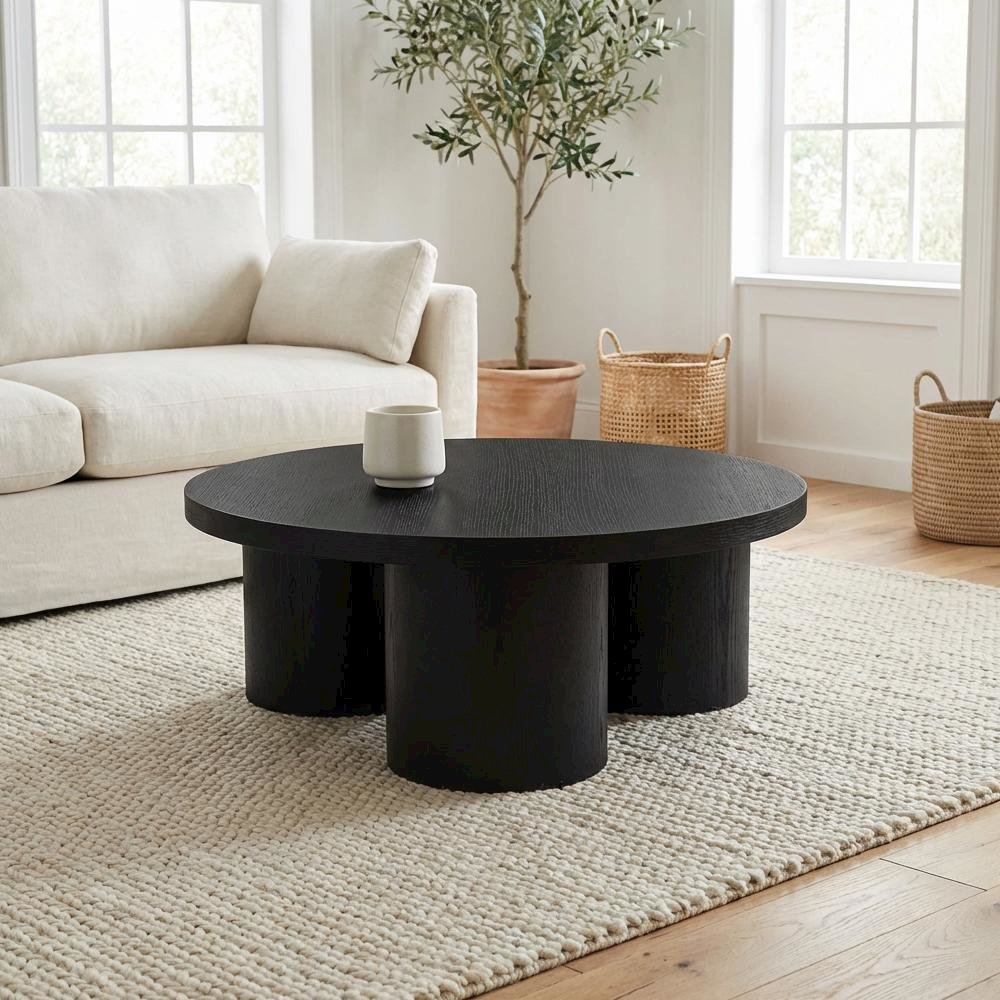 Black Solid and Manufactured Wood Round Coffee Table with Durable Finish