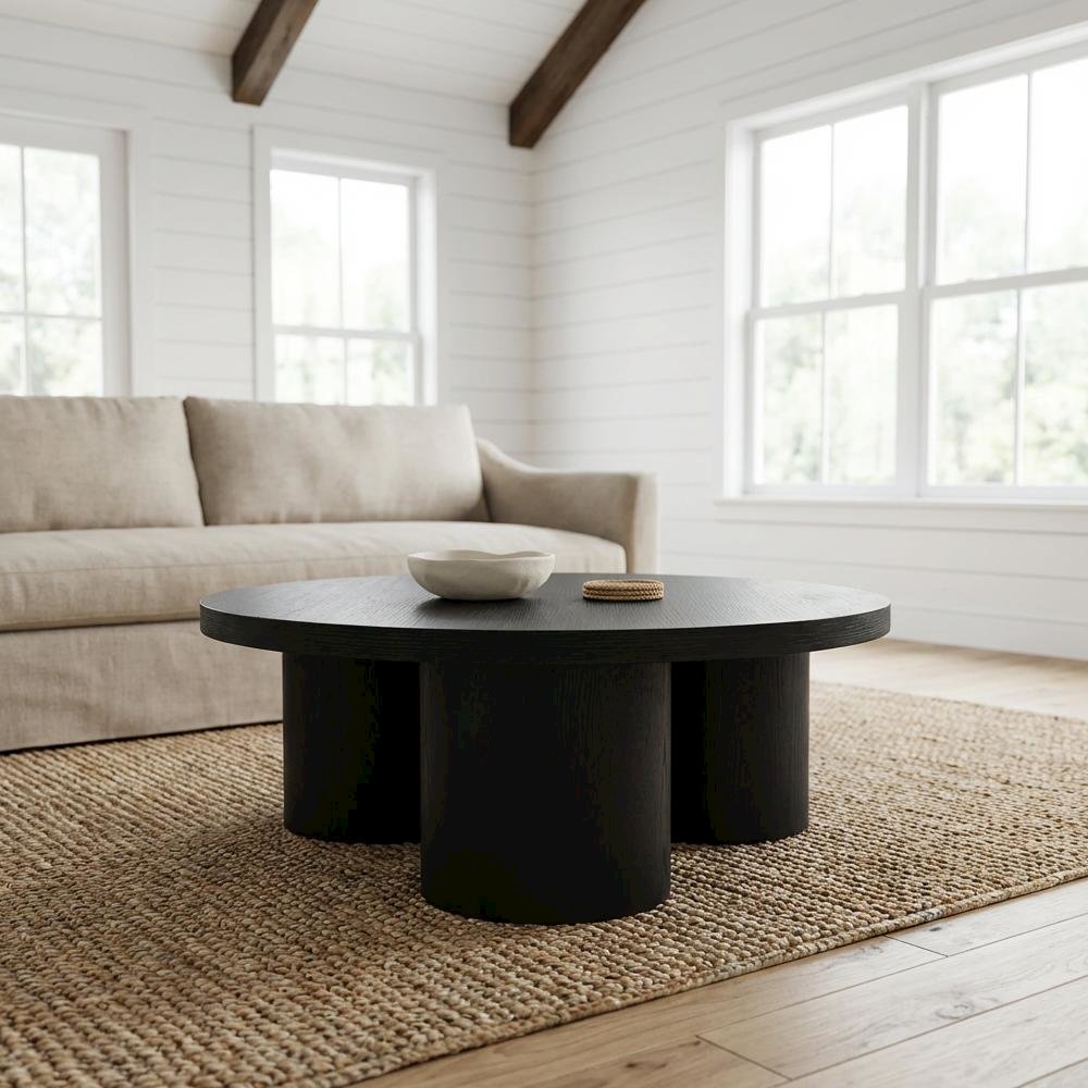 Black Solid and Manufactured Wood Round Coffee Table with Durable Finish