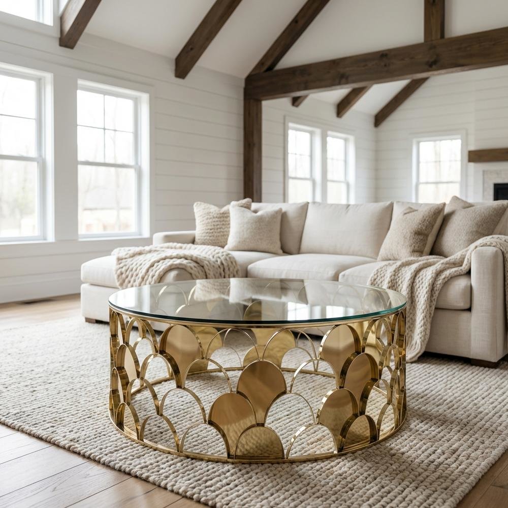 Gold Round Coffee Table with Glass Top and Steel Frame Modern Design 1-Piece