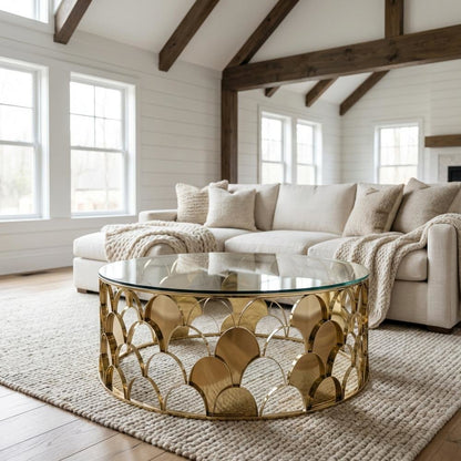 Gold Round Coffee Table with Glass Top and Steel Frame Modern Design 1-Piece