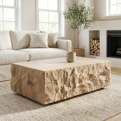 Beige Square Coffee Table with Fiberglass Construction and Modern Design