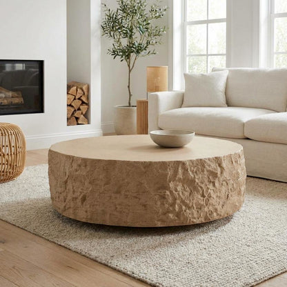 Round Beige Coffee Table with Fiberglass Construction and Modern Design