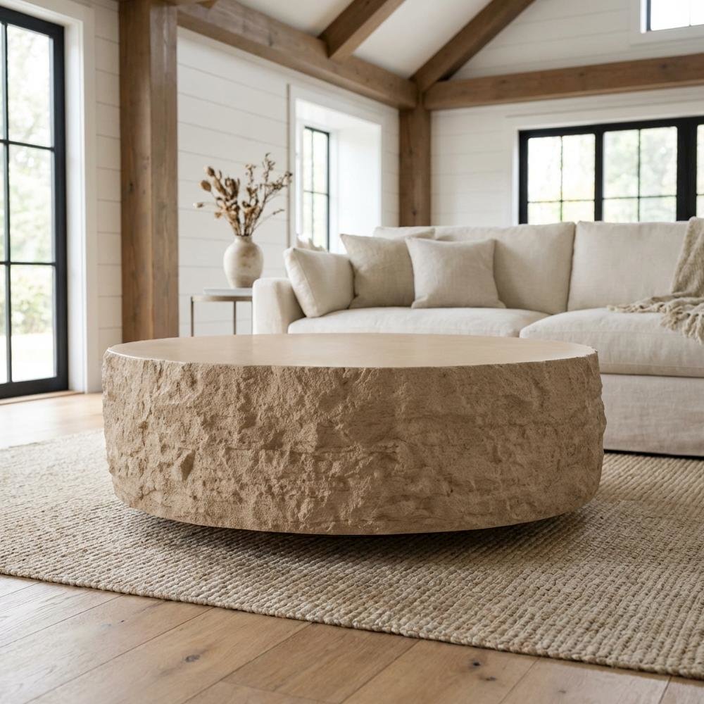 Round Beige Coffee Table with Fiberglass Construction and Modern Design