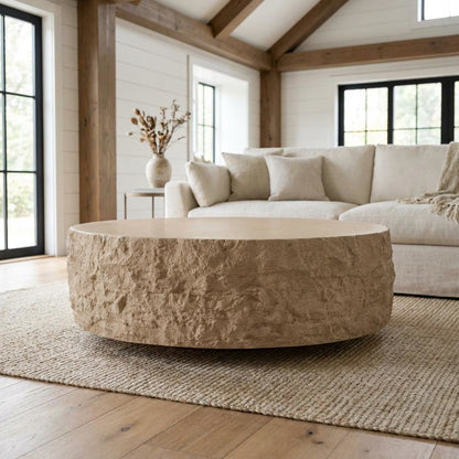 Round Beige Coffee Table with Fiberglass Construction and Modern Design
