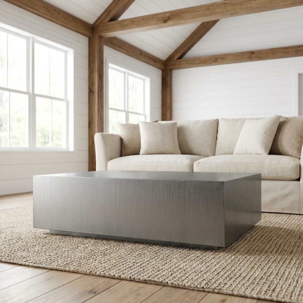 Gray Steel Coffee Table, Brushed Stainless Steel Top and Modern Design