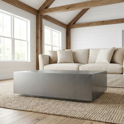 Gray Steel Coffee Table, Brushed Stainless Steel Top and Modern Design