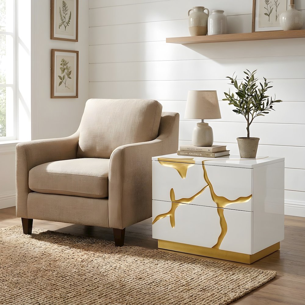 MDF Wide Nightstand with Gold Branch Accents and Soft-Close Drawers with Storage