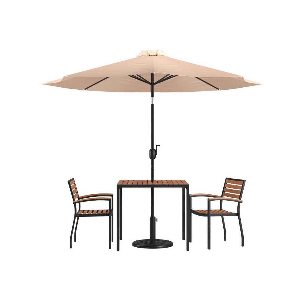 5 Piece Outdoor Patio Table Set with 2 Synthetic Teak Stackable Chairs, 35" Square Table, Tan Umbrella & Base
